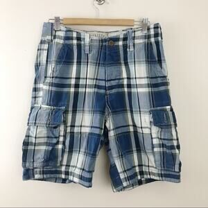 Hollister vintage Y2K cotton blue plaid distressed long cargo surf shorts men 30